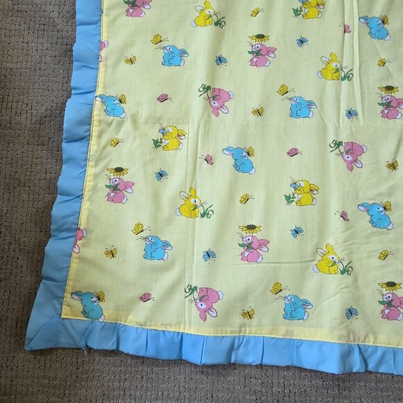 Vintage Cannon Mills Baby Blanket Yellow Bunnies Satin Trim Pastel  37" x 45" - Picture 3 of 10